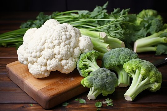 Broccoli and cauliflower on a wooden table