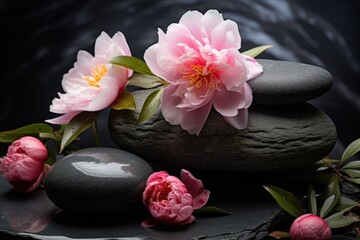 Balanced pebbles stones with a pink peony