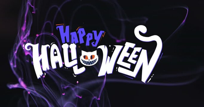 Animation of happy halloween text and cat over black background
