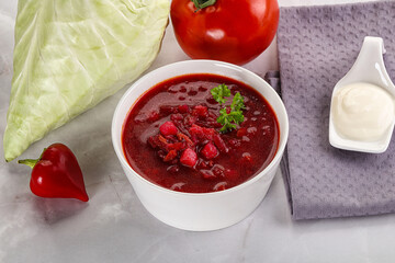 Borsch soup with cabbage and beetroot