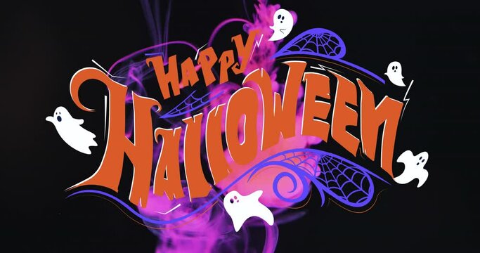 Animation of happy halloween text and ghosts over pink and black background