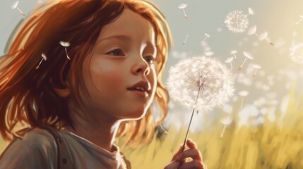 Obraz na płótnie Canvas Young girl blowing dandelion seeds in a field. Fantasy concept , Illustration painting.