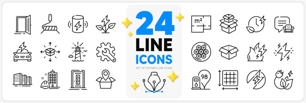 Icons set of Fire energy, Electric energy and Square area line icons pack for app with Lounge place, Package location, Open door thin outline icon. Paint roller, Charge battery. Vector