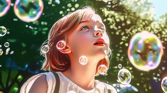 Young girl blowing bubbles in a sunny garden. Fantasy concept , Illustration painting.