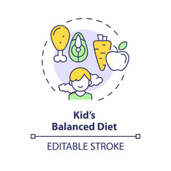 2D editable thin line icon kids balanced diet concept, isolated simple vector, multicolor illustration representing parenting children with health issues.