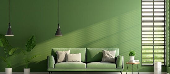Minimalistic green living room with grey floor and space for a sofa Genuine picture With copyspace for text