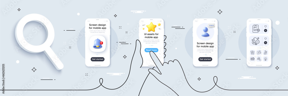 Poster report checklist, stress and chemistry lab line icons pack. phone screen mockup with 3d star, alert 