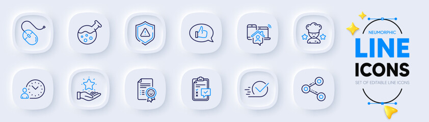 Share, Time management and Work home line icons for web app. Pack of Checklist, Checkbox, Best chef pictogram icons. Loyalty program, Computer mouse, Shield signs. Smile, Feedback. Vector