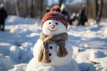 Fototapeta premium A welcoming snowman stands in a snow-covered park, donning a hat and scarf. Photorealistic illustration