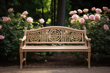 Teak garden bench, sturdy and timeless, offers respite among fragrant roses.