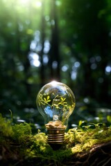 light bulb against nature on green leaf with energy sources, Sustainable developmen and responsible environmental, Energy sources for renewable, Ecology concept. - obrazy, fototapety, plakaty