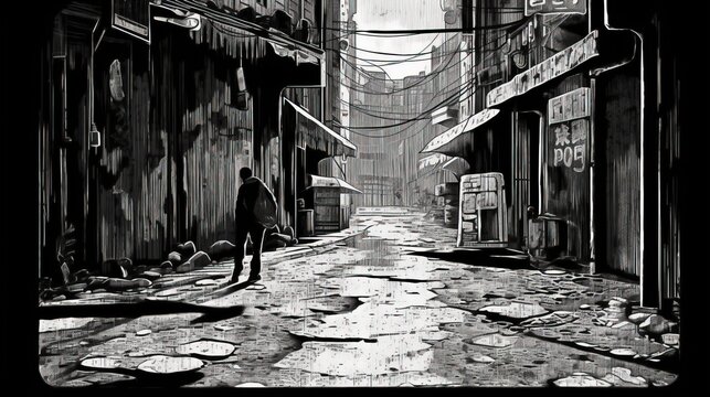 Vintage black and white photography of a street. Fantasy concept , Illustration painting.