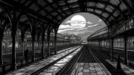 Victorian train station platform. Fantasy concept , Illustration painting.