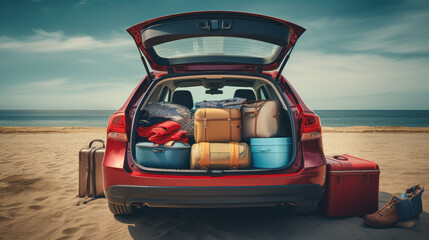 Car trunk with luggage with seaside on background. Travel concept