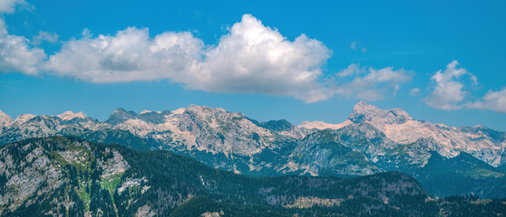 Panoramic shot of Julian Alps mountain range with Triglav peak in Slovenia