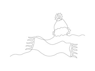 Abstract Winter Warm Scarf and Hat with Pompom Continuous One Line Art Drawing