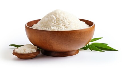 White rice in a wooden bowl isolated on a white background.
