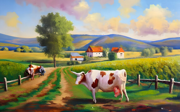 cows in the mountains Oil painting agriculture place with cow and hours , illustration, painting
