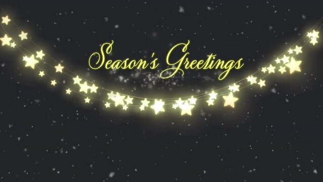 Animation of season's greetings text over christmas star fairy lights on black background