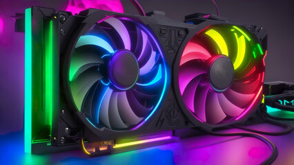 design of a futuristic ultra gaming GPU graphics card with RGB light, professional video card. designed for high-performance, high-resolution gaming and workstation