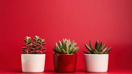 minimalistic red background with succulents, with empty copy space