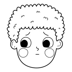 Shy boy face in black and white. Embarrassed kid emotion in outline. Close up portrait of confused character. Vector illustration