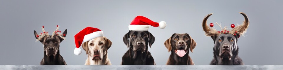 Animal Christmas: Group of Dogs Celebrating in Santa Hats. Festive Banner with Pet Canines in Santa Claus Hats, Reindeer Antlers & Red Ribbon. Isolated on Gray Background.