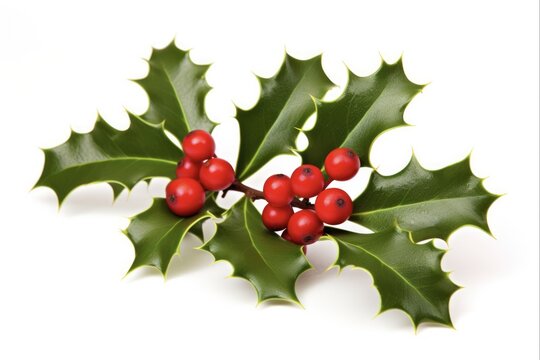 Christmas Plant: Holly Leaf with Festive Red Berries. Green Nature on Spiked White Background