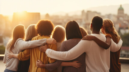 Back view of group of diverse people hugging each other.