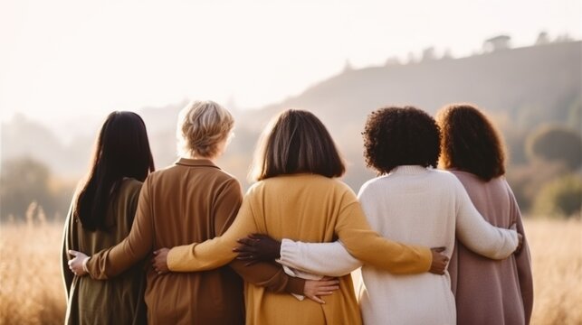 Back View Of Group Of Diverse People Hugging Each Other.