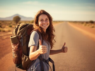 Young woman hitchhiking with a backpack. Active lifestyle, travel.