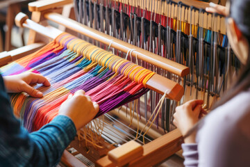 In an ode to traditional culture, person skillfully weave colorful and handmade textiles on an old loom, showcasing the vibrant patterns and designs of Asia's rich heritage. - Powered by Adobe