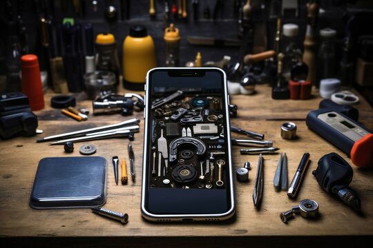 Photo of a cellphone repair shop table with smartphone, and equipment Generative AI