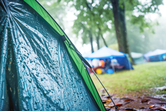 Raindrops patter gently on the roof of a tent pitched in a serene natural setting, enhancing the experience of outdoor adventure and camping amidst nature's beauty.