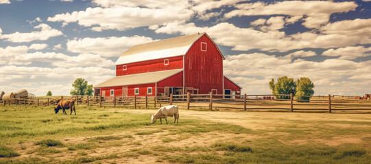 Farmstead Serenity: An iconic red barn graces the tranquil rural scenery, surrounded by expansive farmland and the boundless beauty of the countryside. - obrazy, fototapety, plakaty