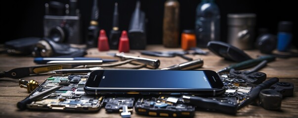 Photo of a cellphone repair shop table with smartphone, and equipment Generative AI - 662626429