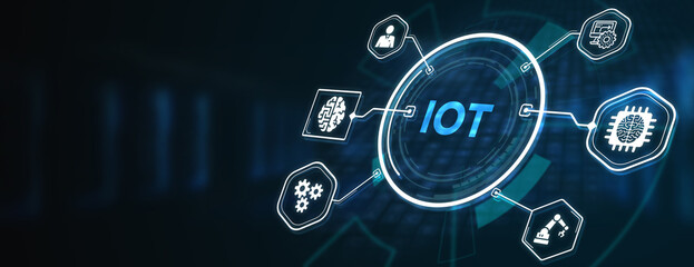 Internet of things - IOT concept. Businessman offer IOT products and solutions. The future of technology. Virtual screen of the future with the inscription: IOT. 3d illustration