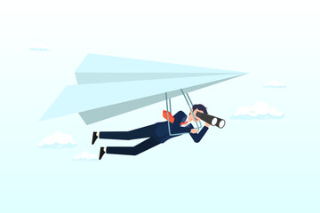 Businessman flying paper airplane origami as glider with binoculars to see opportunity, career opportunity, investment or business vision, future forecast or discover new idea and inspiration (Vector)