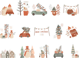 Collection of vector winter illustrations in flat style, cozy Christmas funny set of pre-made scenes, hand drawn vector illustration - 662626883