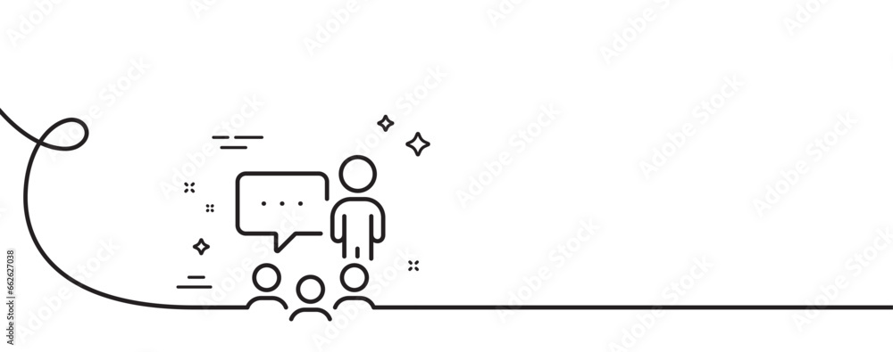 Poster people chatting line icon. continuous one line with curl. business seminar sign. job meeting symbol.