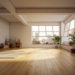 Fototapeta na wymiar Modern contemporary loft empty room with beige color and white walls 3d render rooms has parquet floors mock up.