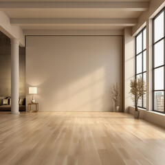 Modern contemporary loft empty room with beige color and white walls 3d render rooms has parquet floors mock up. - obrazy, fototapety, plakaty