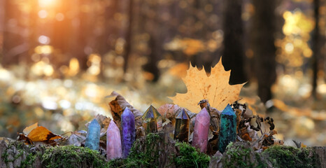 set of colorful quartz crystal towers close up in autumn forest, abstract natural background....