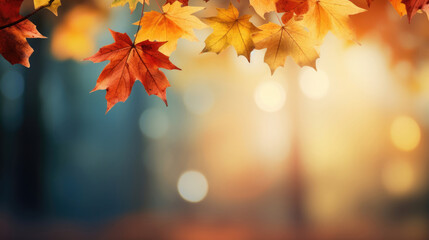 Autumn seasonal background with sunlit made of falling autumn golden, red- and orange-colored leaves, copy-space concepts.