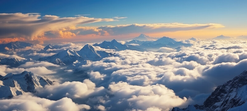 A stunning aerial view of mountains, clouds, and a sunrise. 