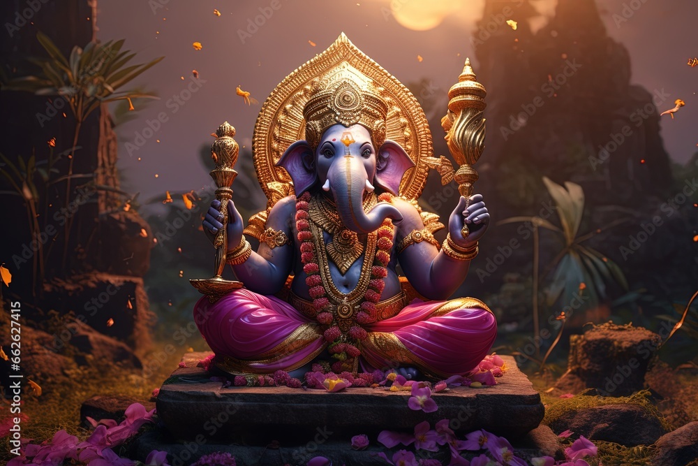 Wall mural Hindu God Ganesha with flowers