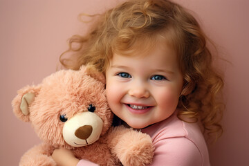 Beautiful little girl of about 4 years old, smiling, wearing pink winter pajamas smiles while hugging her teddy bear. image that evokes tenderness, childhood, peace.