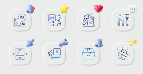 Diesel station, Gift and Package box line icons. Buttons with 3d bell, chat speech, cursor. Pack of Bus, Petrol station, Cash transit icon. Food delivery, Roller coaster pictogram. Vector