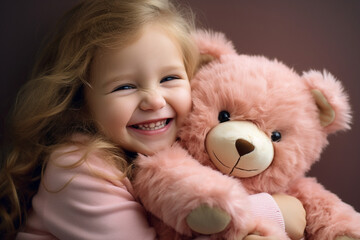 Beautiful little girl of about 4 years old, smiling, wearing pink winter pajamas smiles while hugging her teddy bear. image that evokes tenderness, childhood, peace.