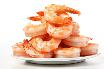 Stack of boiled shrimp on white background